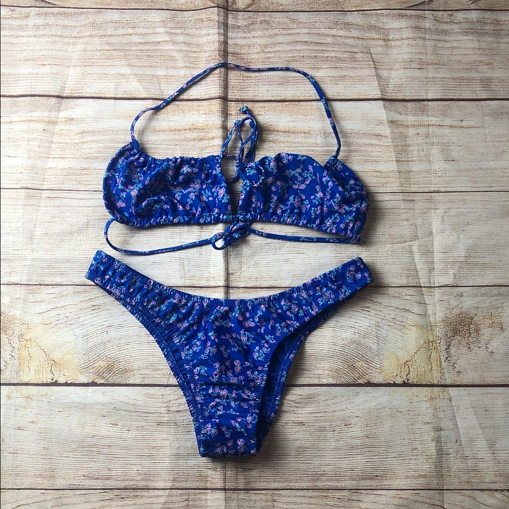 adidas Blue Floral Tie-Back Bikini Set Ksenia Schnaider M new